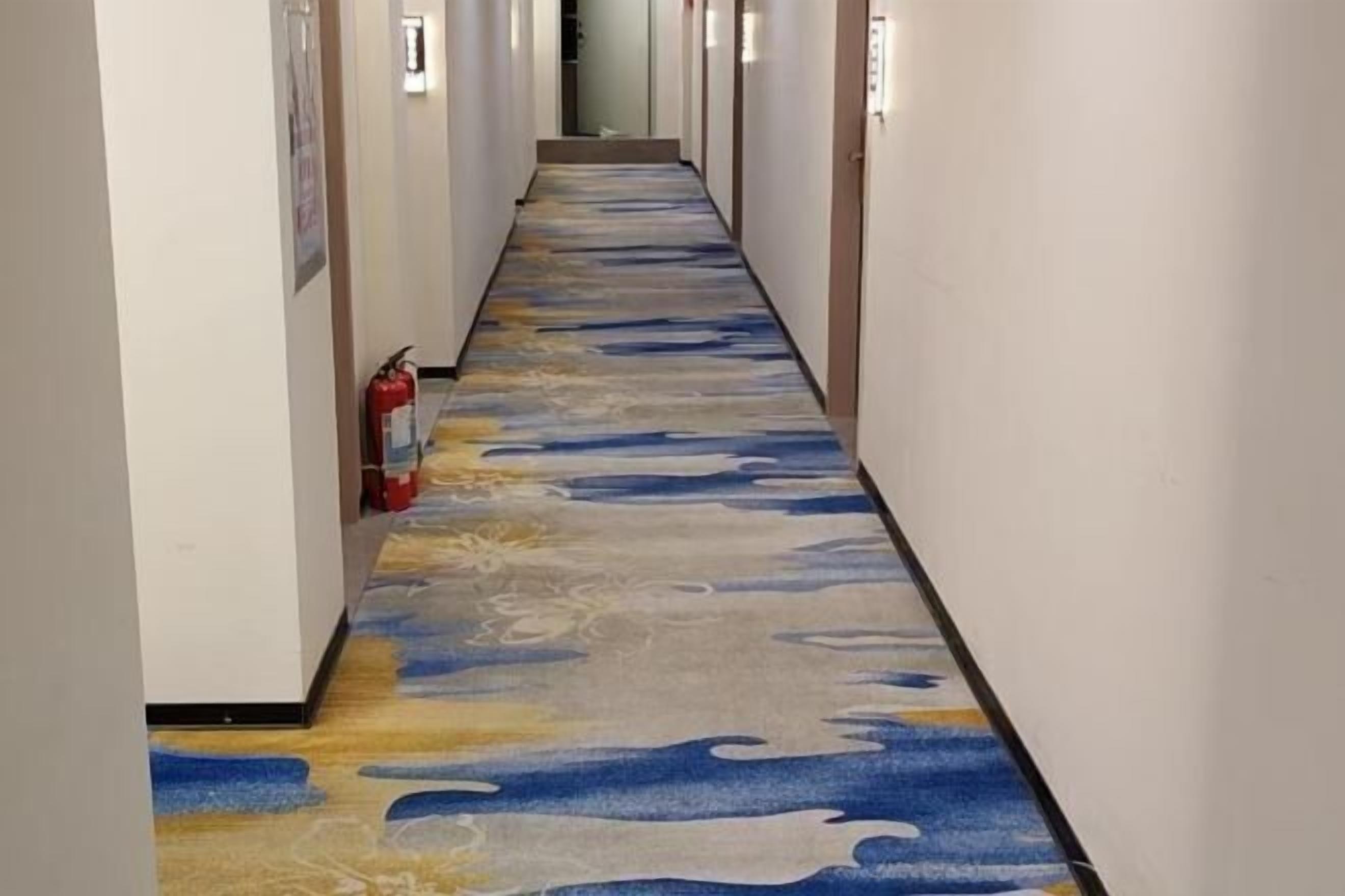 A hallway with a patterned carpet, white walls, and a fire extinguisher.