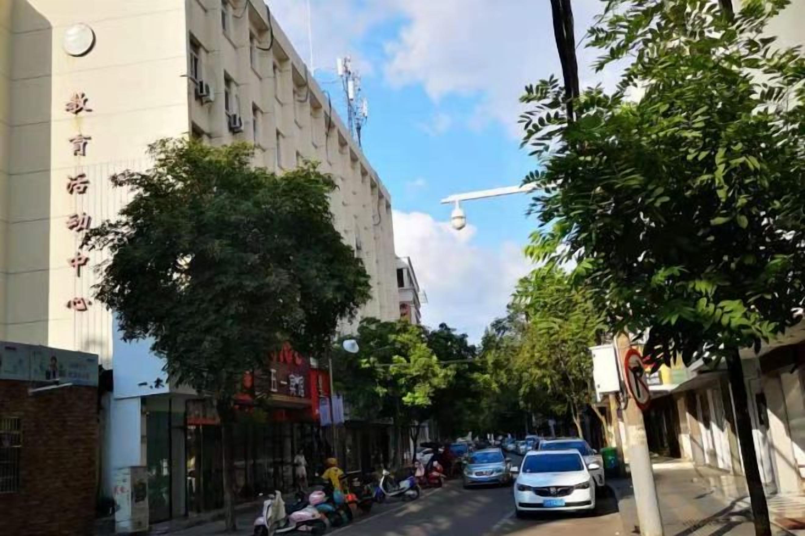 Un carrer amb edificis, arbres i cotxes aparcats.