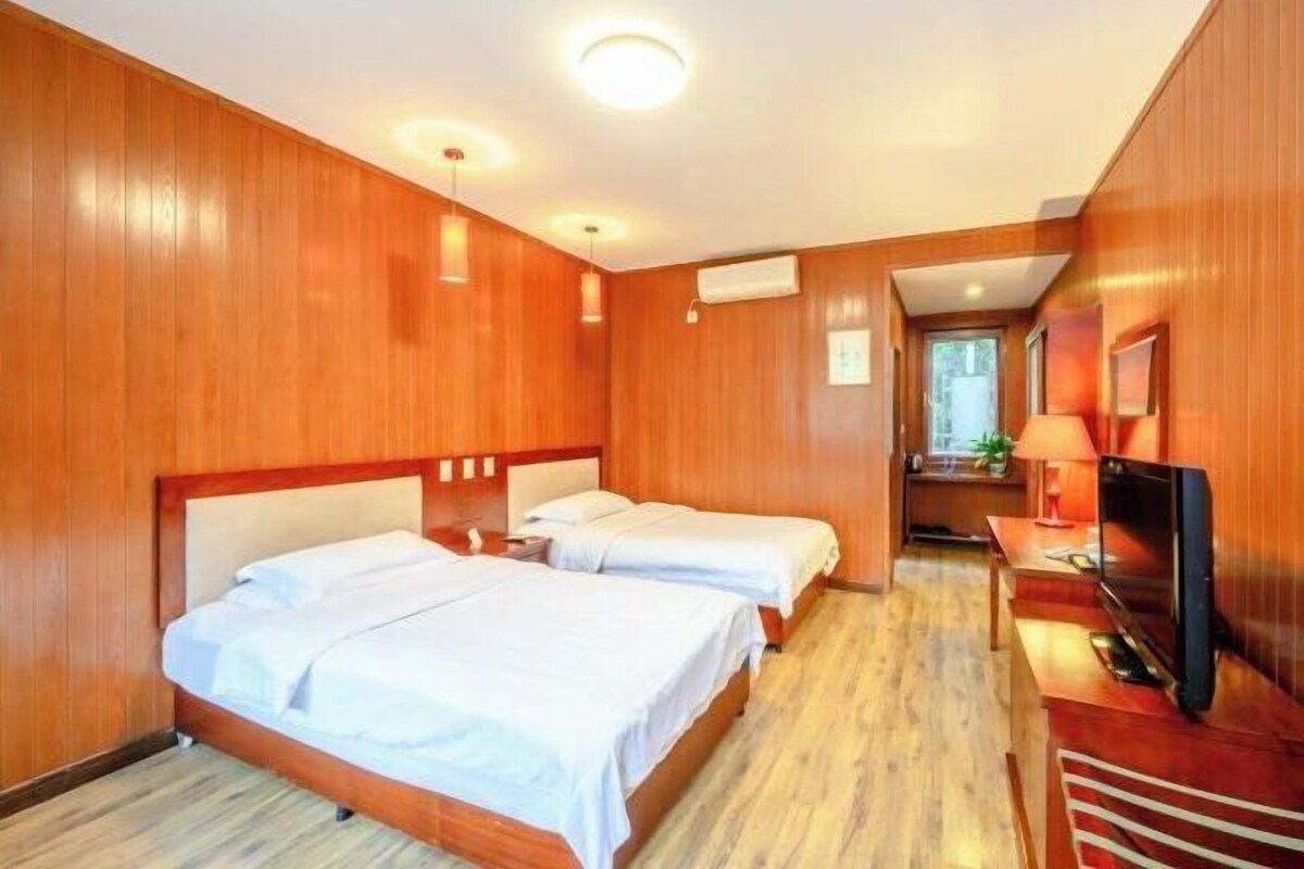 Una habitación de hotel con dos camas, televisión y escritorio con lámpara.