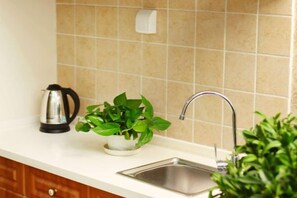 Une cuisine équipée d’un évier, d’une bouilloire et d’une plante en pot.