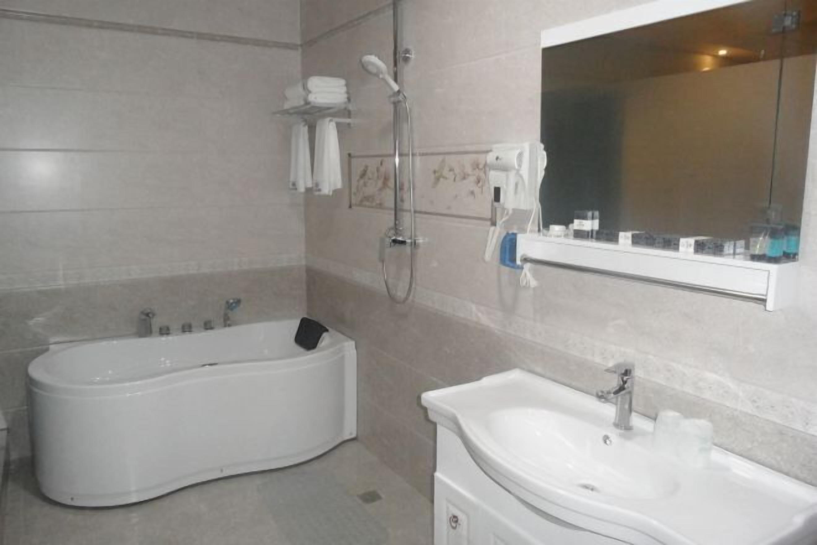 Een badkamer met een bad, wastafel, douche en spiegel.