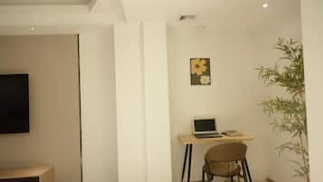 A modern room with a flat-screen TV, a desk with a laptop, a chair, and a bamboo plant.