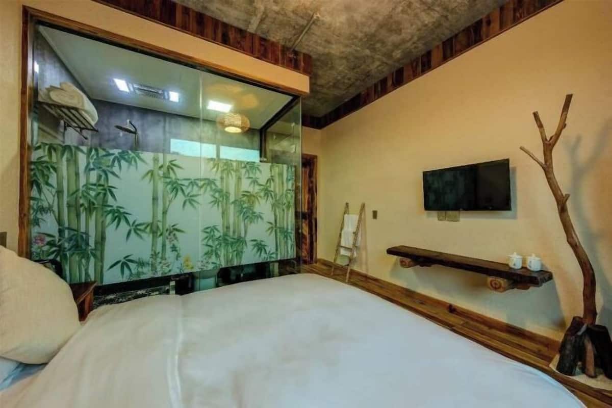 Una habitación con una cama, un espejo grande, un televisor, un estante de madera y una escalera.