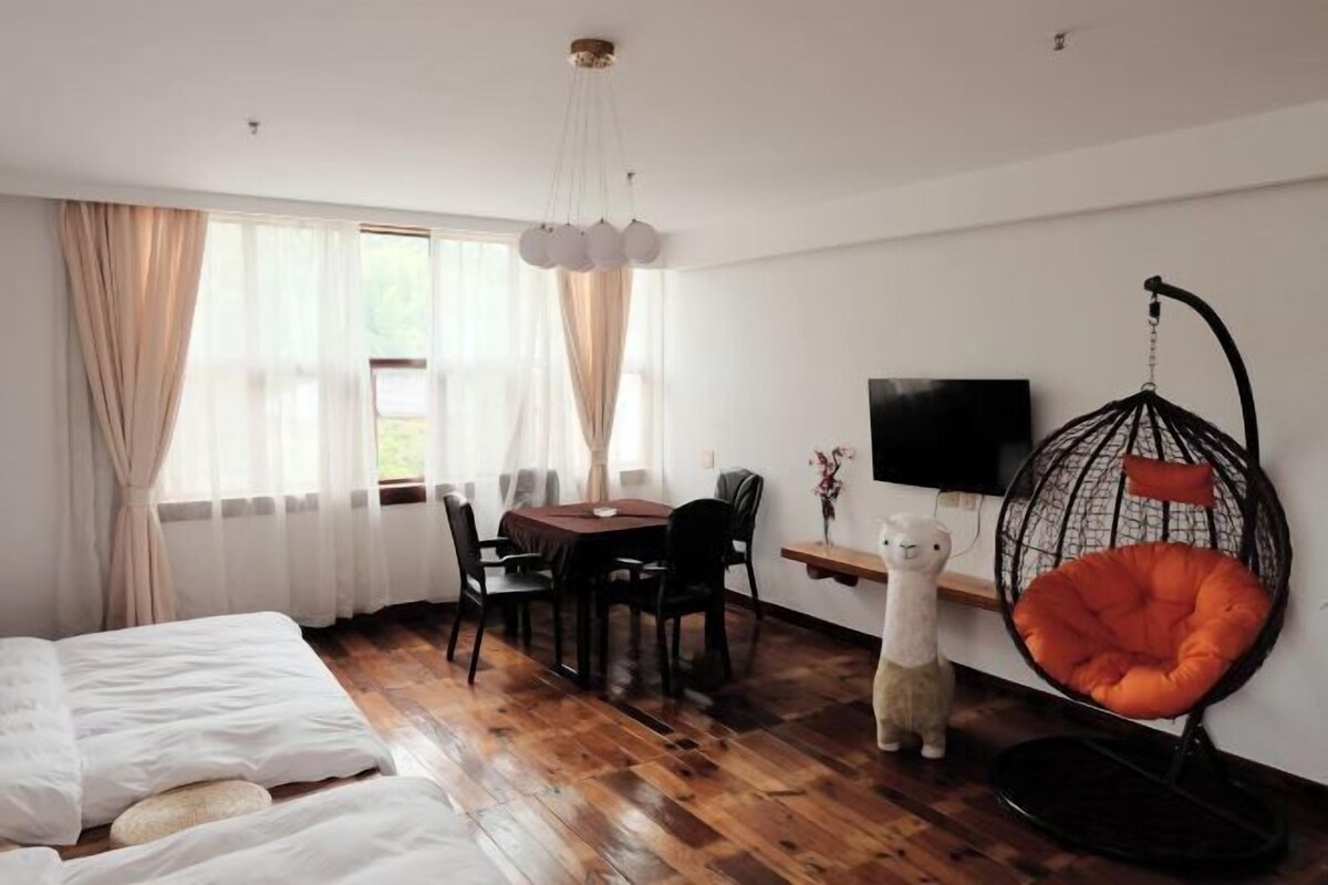 A room with a bed, a dining table with chairs, a hanging chair, a television, and a small shelf.