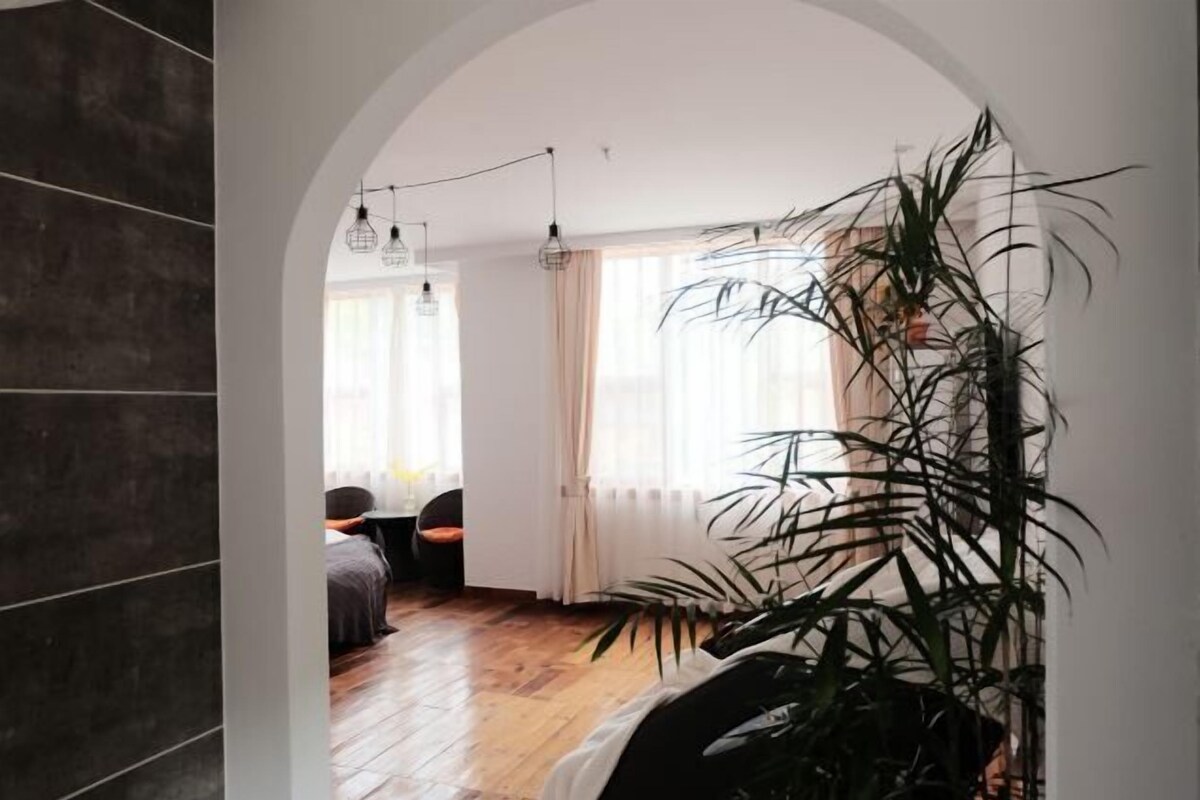 A room with a wooden floor, a large potted plant, a sofa, and a dining table.