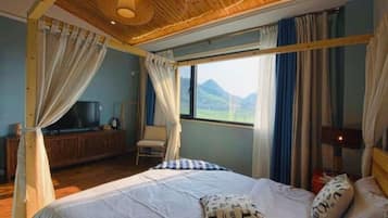 A bedroom with a bed, curtains, a television, and a view of the outdoors.