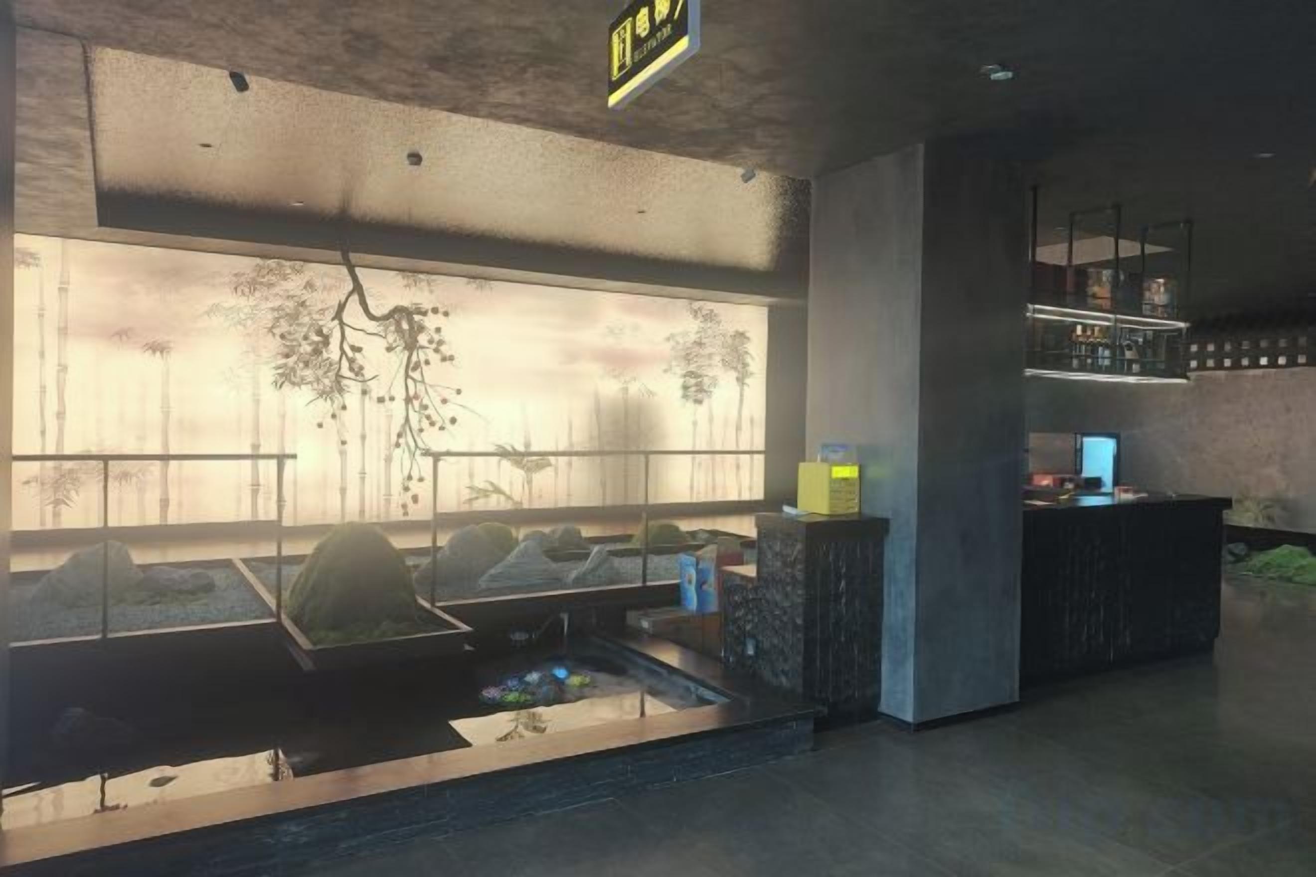 A modern interior with a reception desk, a large window with a view, and a small indoor garden.