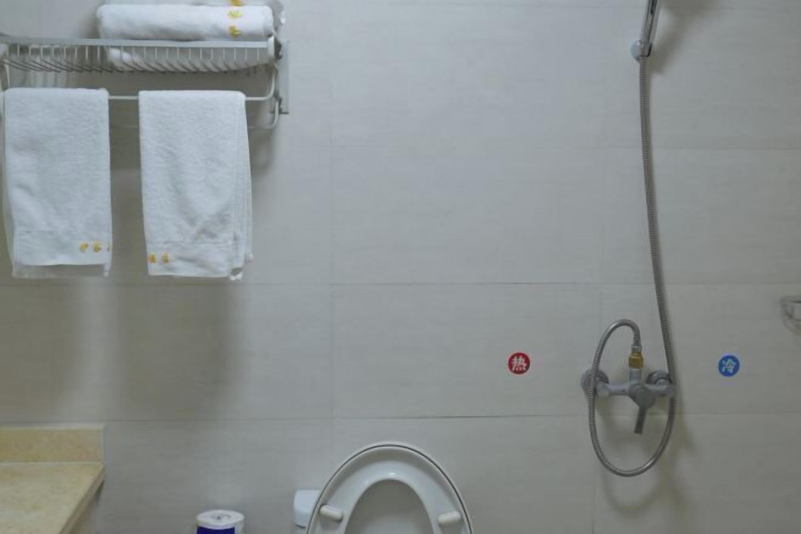 A bathroom with a toilet, a shower, and two towels hanging on a rack.