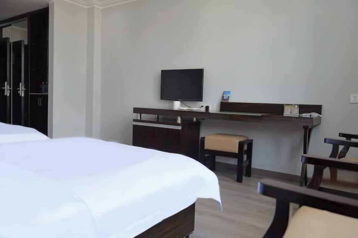 Une chambre d’hôtel avec un lit, un bureau avec une télévision et deux chaises.