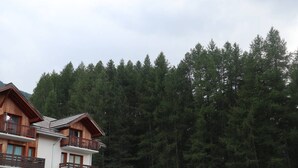 A multi-story wooden building with balconies, surrounded by dense forest. - Renovated apartment for 8 with pool, jacuzzi and sauna in Les Orres (Les Orres)