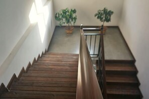 A wooden staircase with a handrail, leading to a landing with two potted plants. - Qiqi Inn (Xinyang)