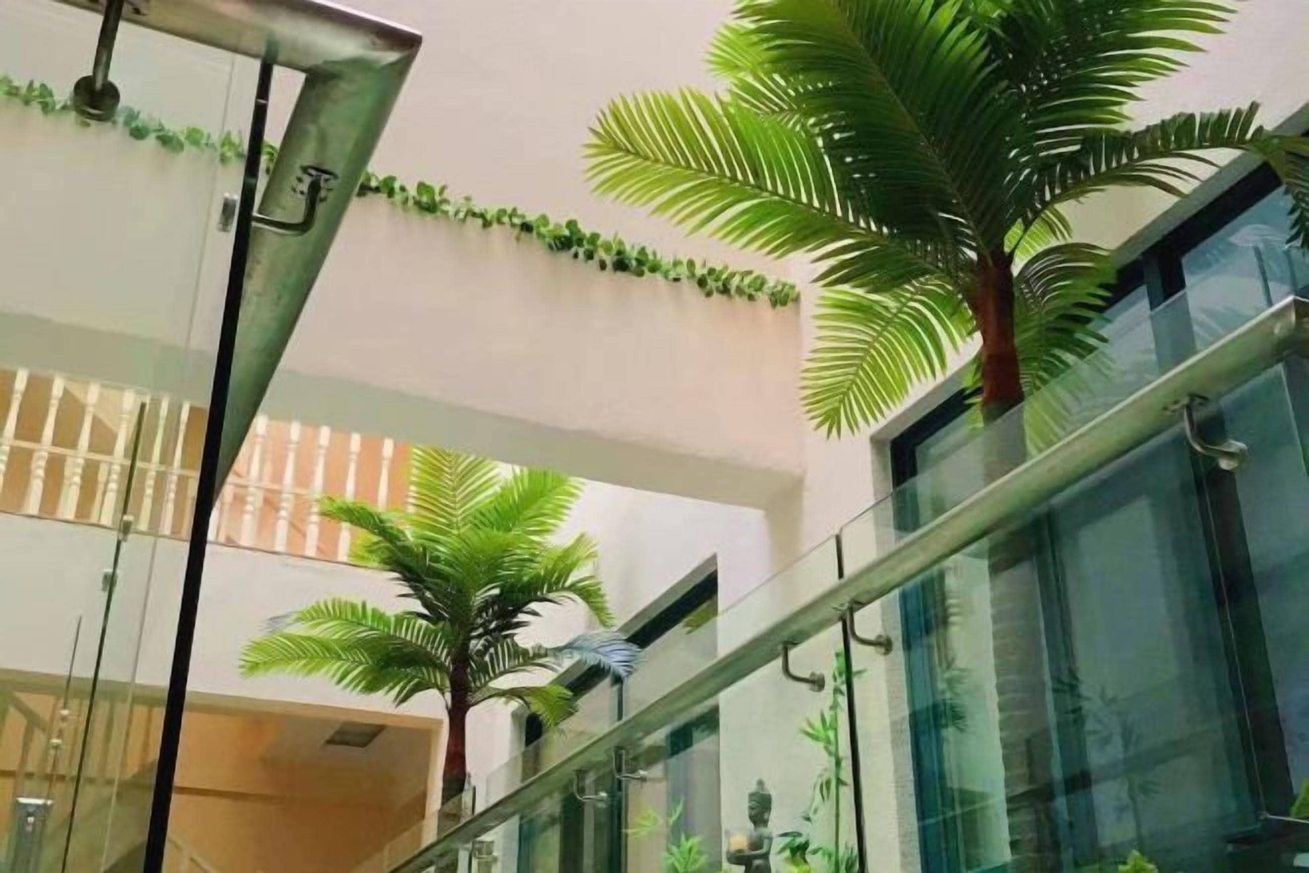 Un intérieur moderne avec des rampes en verre, des plantes d’intérieur et un escalier.
