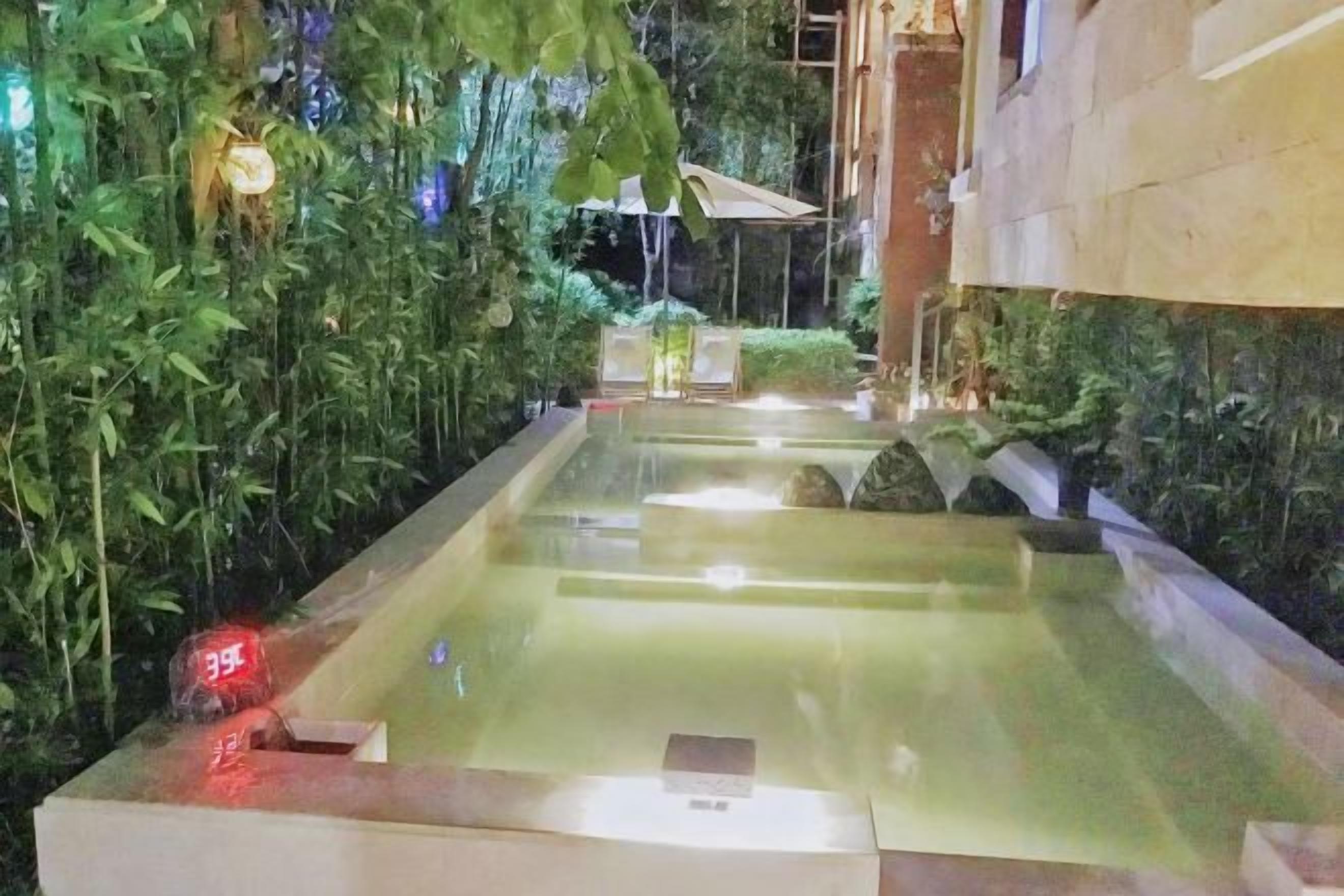 A tranquil indoor water feature with a reflective surface, surrounded by lush greenery and a stone wall.