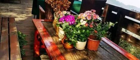 Um deck de madeira com um banco e plantas em vasos.