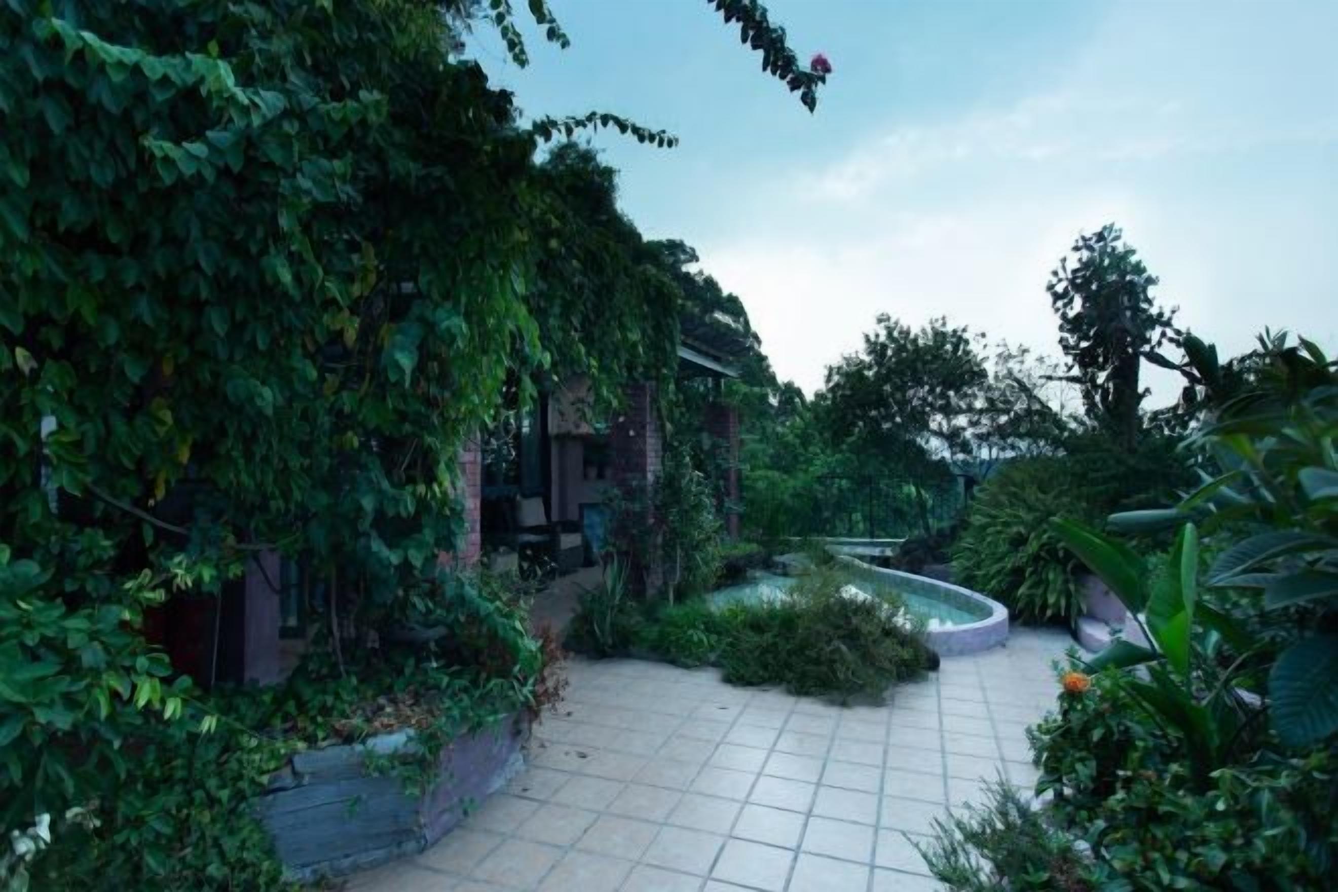 A garden pathway with a curved design, surrounded by lush greenery and a brick wall.