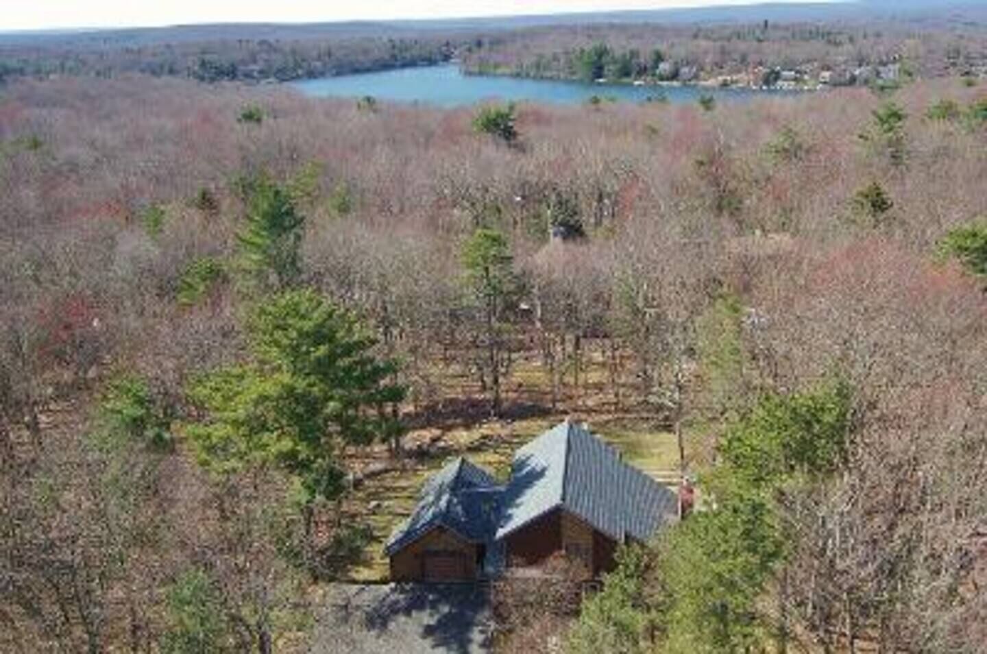 A remote cabin surrounded by dense forest, with a lake in the background.