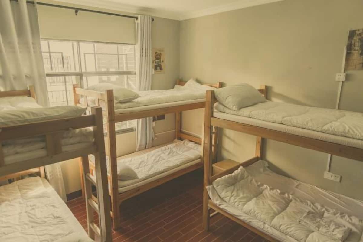Een studentenkamer met stapelbedden, een raam met gordijnen en een wandplank.