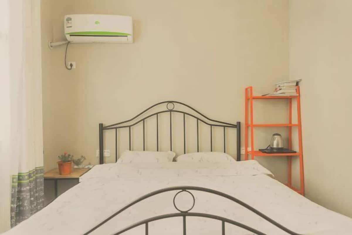 Een enkel bed met metalen frame, een klein nachtkastje met een plant, een wandairconditioner en een rode plank met boeken en een waterkoker.