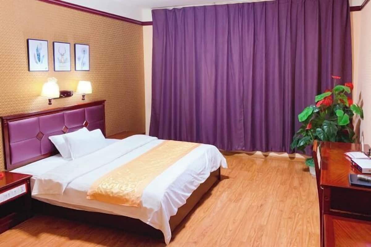 A hotel room with a bed, a nightstand, a desk, a chair, a plant, and a window with purple curtains.