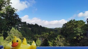 Un patito inflable en una piscina azul con vistas a un paisaje verde y edificios al fondo.