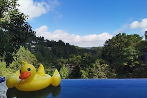 An inflatable duck in a blue pool with a view of a green landscape and buildings in the background. - Fuzhou Xin'an Office, Shibuya Villa (Fuzhou)