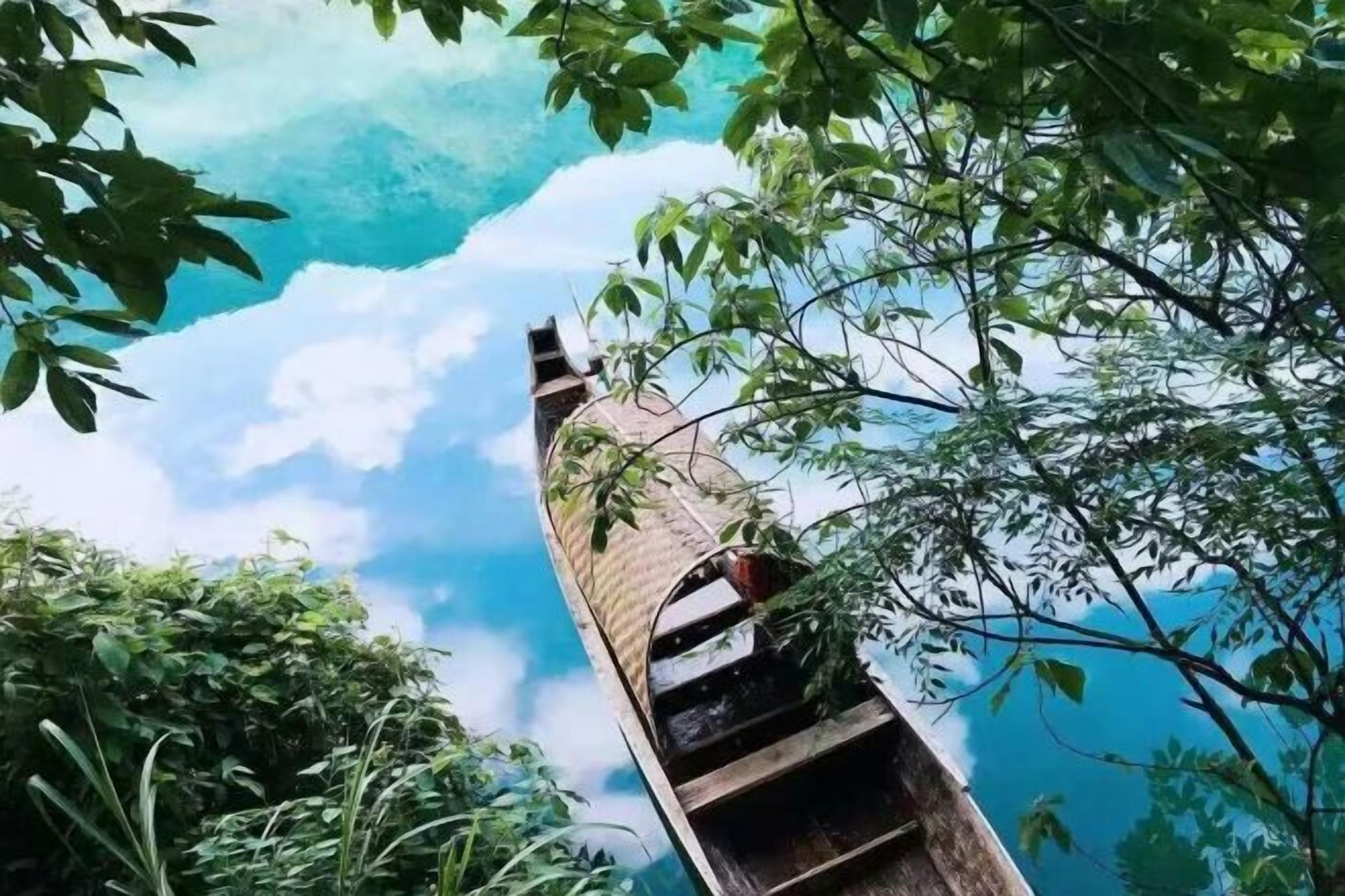 A narrow wooden boat structure surrounded by dense foliage and a clear sky.