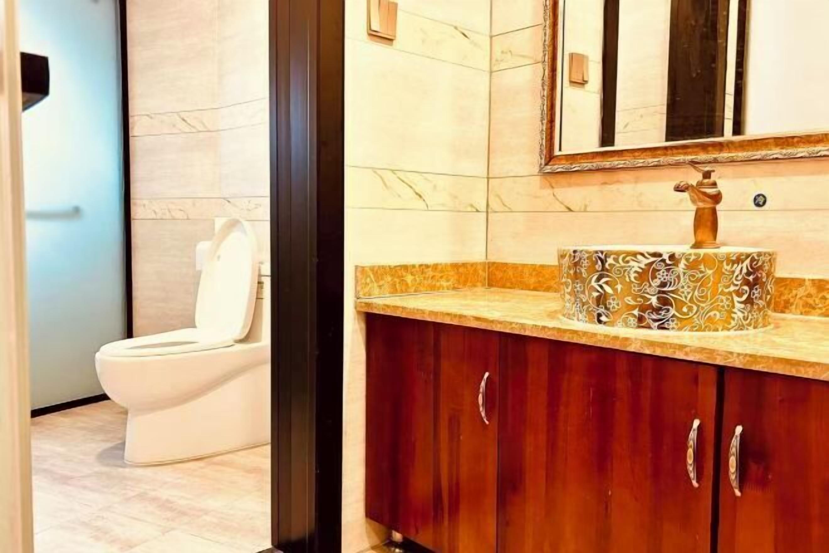 A bathroom with a white toilet, a wooden vanity with a patterned sink, and a mirror above the vanity.