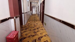 Un pasillo de hotel con alfombra estampada, paredes de mármol y puertas que dan a las habitaciones.