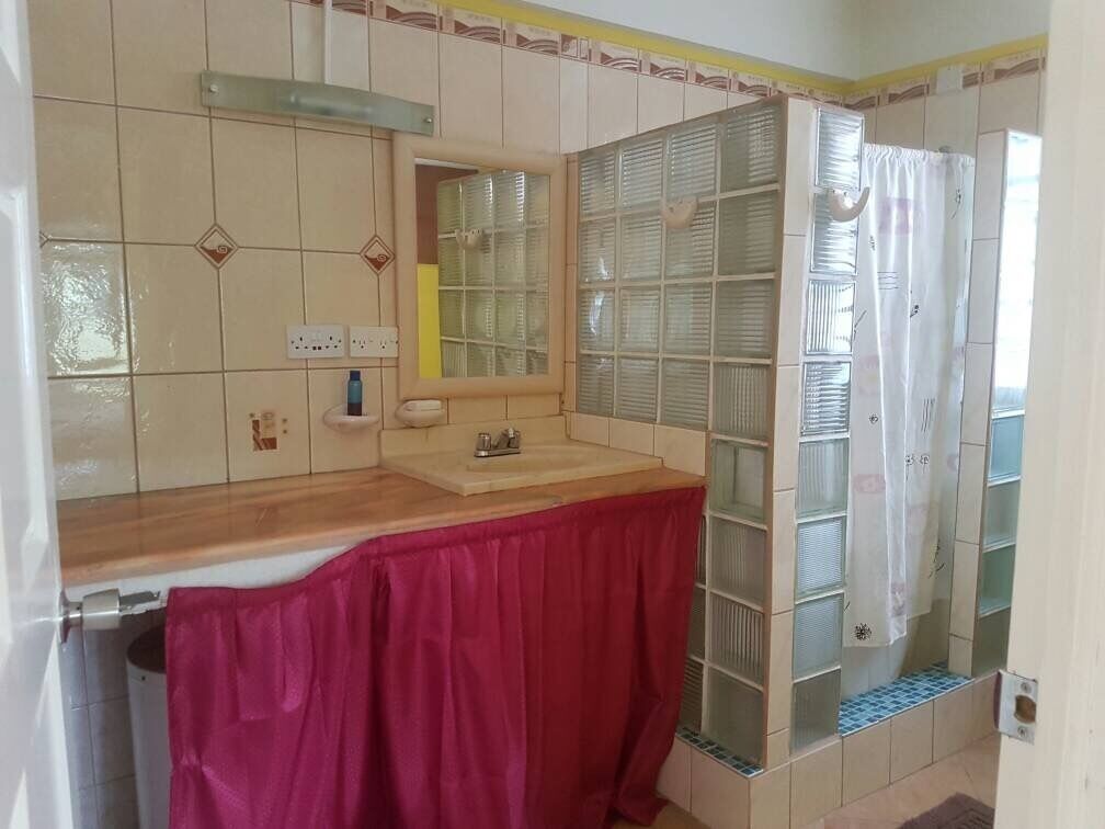 Een badkamer met een houten wastafelmeubel, een spiegel, een wastafel en een douchecabine met een glazen deur.