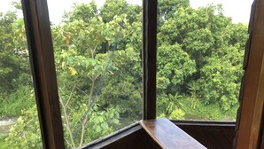 A corner of a room with a wooden bench and large windows overlooking a dense forest. - Coco Mango Suites (Portsmouth)