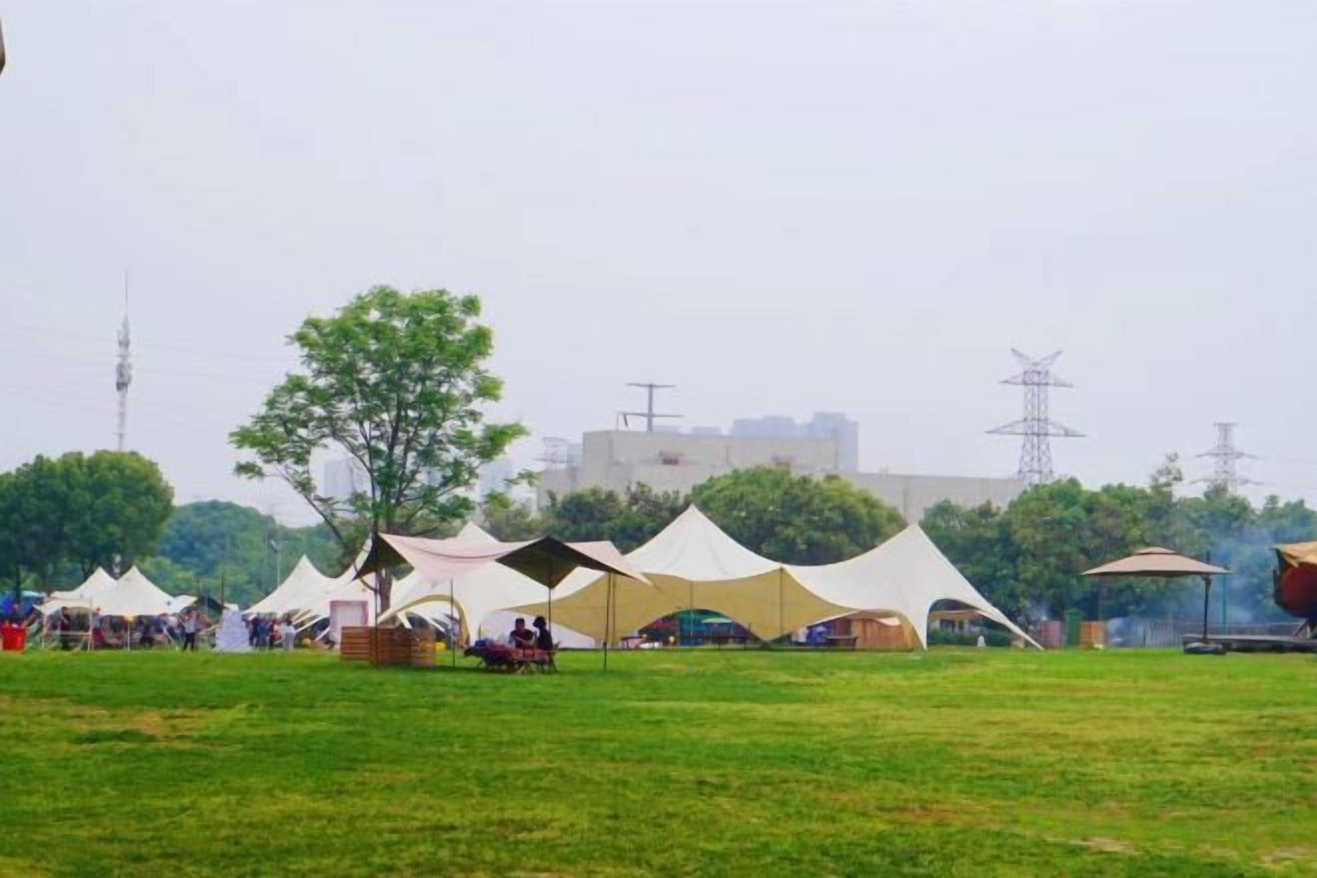 A grassy field with multiple tents and a few people.