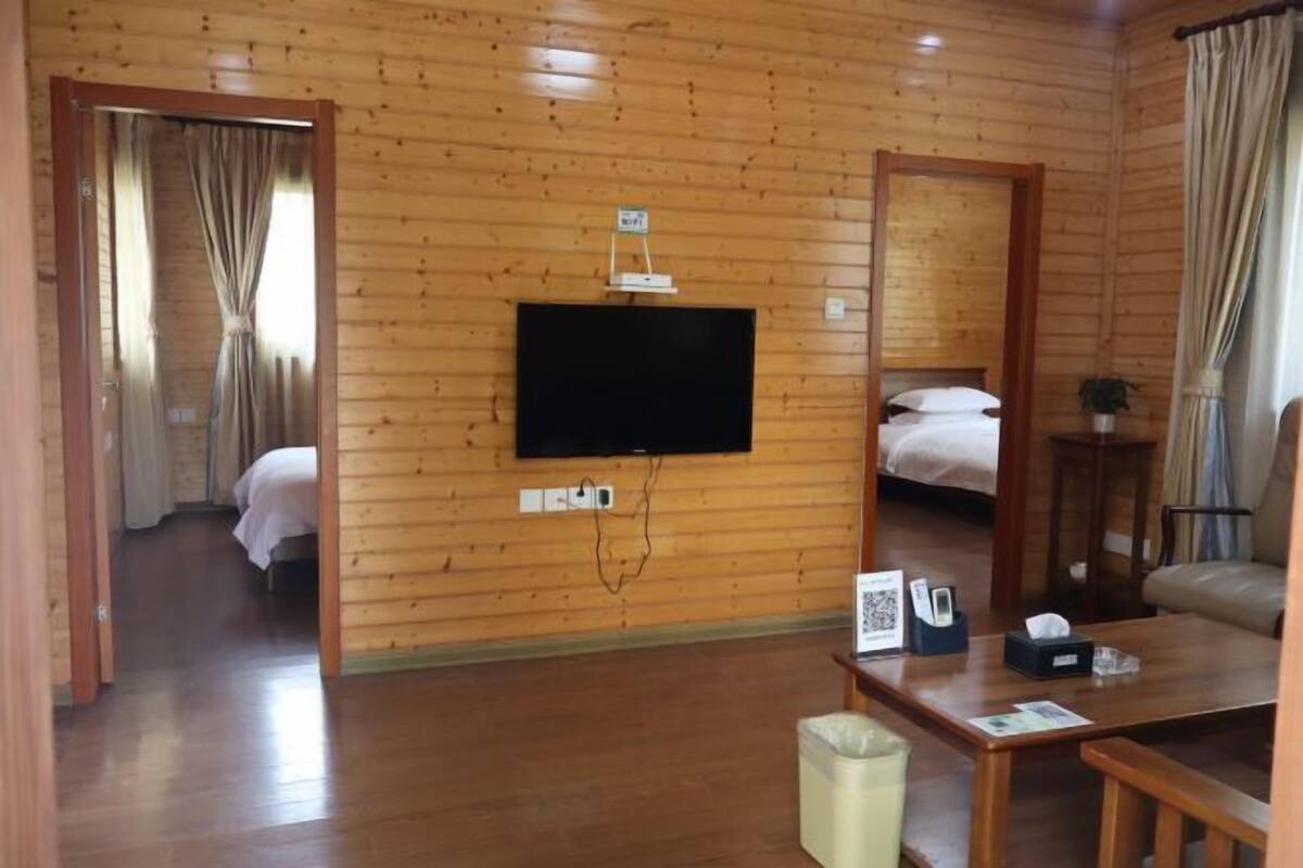 Een kamer met houten lambrisering, een bed, een aan de muur bevestigde televisie, een spiegel, een klein tafeltje met een telefoon en zakdoekjes, en een prullenbak.