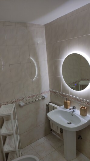 Combined shower/tub, hair dryer, bidet, towels
