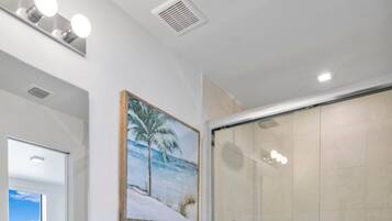 Ducha, cabezal de ducha tipo lluvia, secador de pelo, toallas