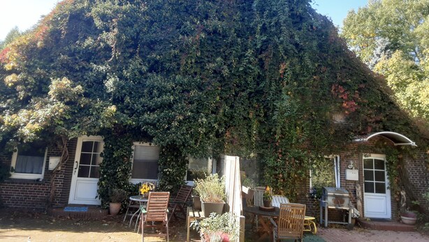 Ein rustikales Gebäude mit Efeu bewachsener Fassade, einer Ziegelaußenwand und einer kleinen Terrasse mit Gartenmöbeln.