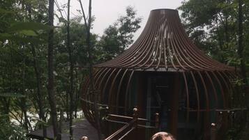 A circular wooden structure with a conical roof, surrounded by dense foliage.