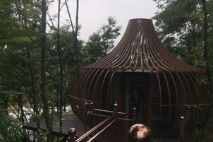 A circular wooden structure with a conical roof, surrounded by dense foliage.