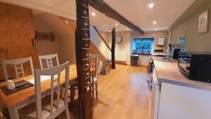 Fridge, microwave, electric kettle, toaster