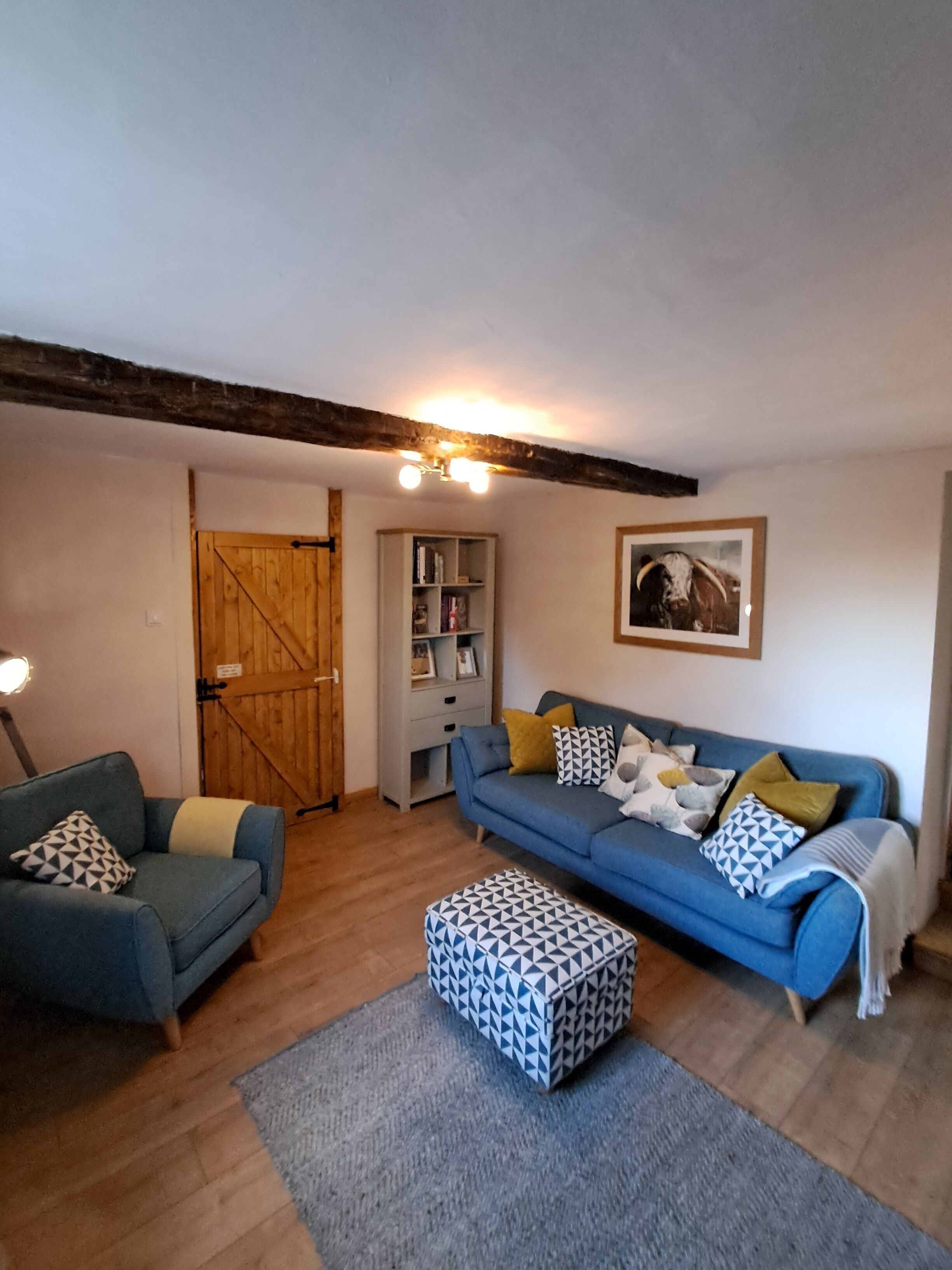 Un salon chaleureux avec un canapé bleu, un pouf assorti et une porte en bois.