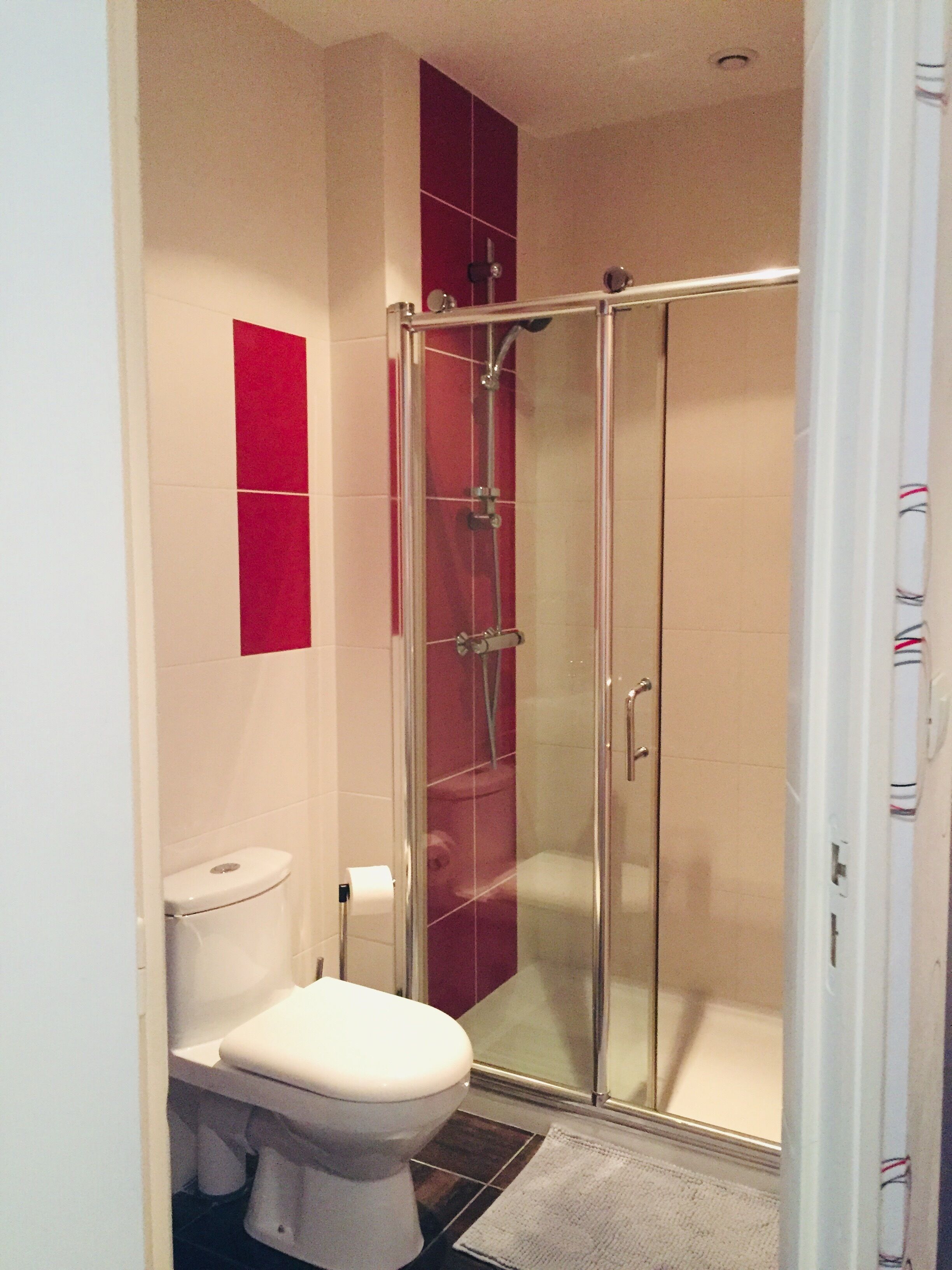 A bathroom with a glass-enclosed shower, a white toilet, and red tiles on the wall.
