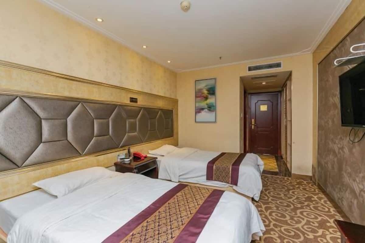 Quarto de hotel com duas camas, cabeceira, televisão e carpete estampado.