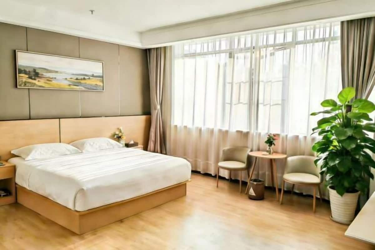 Quarto de hotel com uma cama grande, uma mesa de cabeceira, uma pequena escrivaninha, duas cadeiras, uma planta em vaso e um quadro na parede.