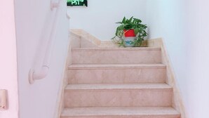 Eine Treppe aus beigem Marmor führt zu einer Empore mit einem Blumentopf.