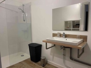 Douche, séchoir à cheveux, serviettes fournies, savon