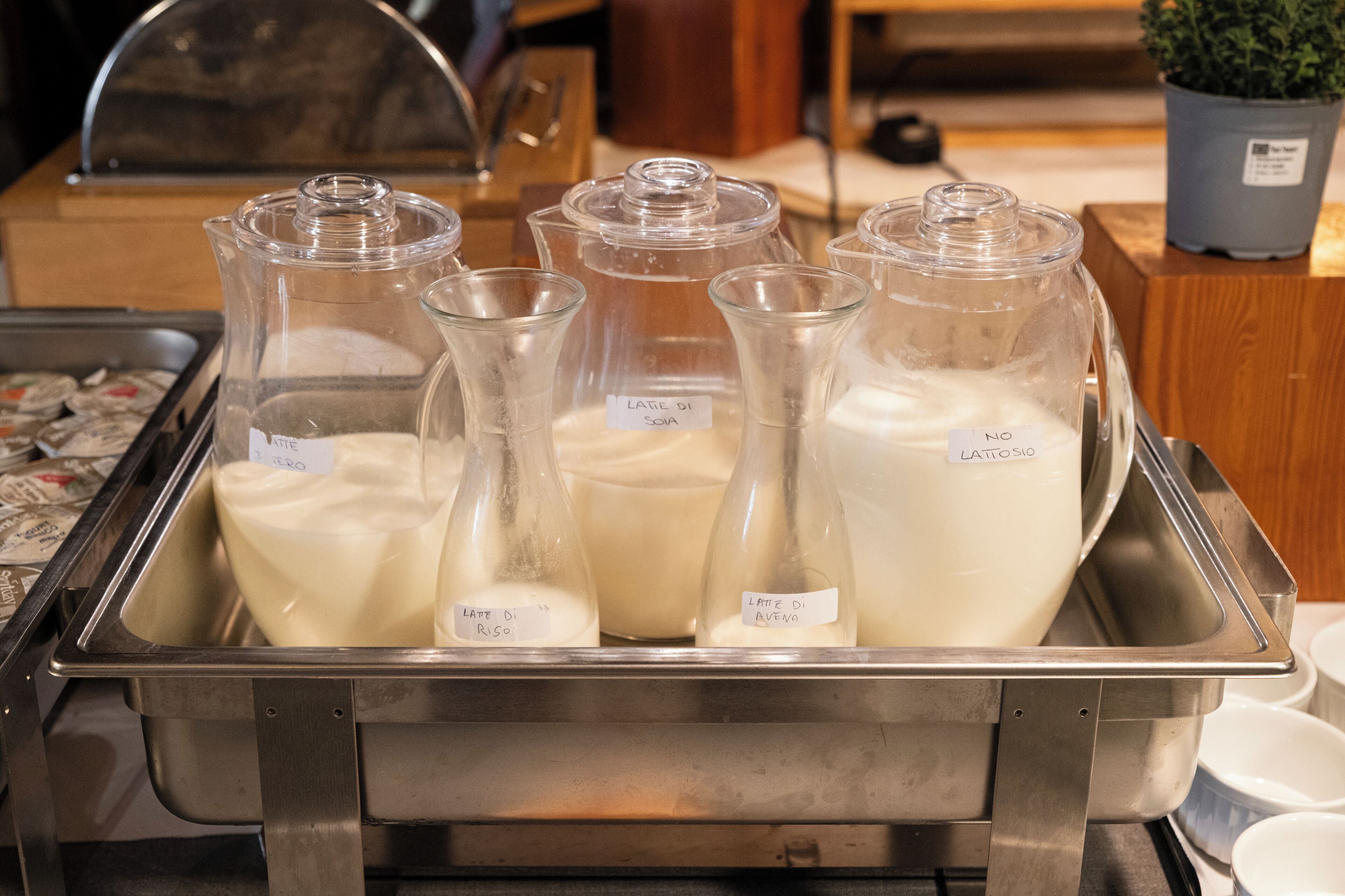 A buffet with labeled containers of different types of milk.
