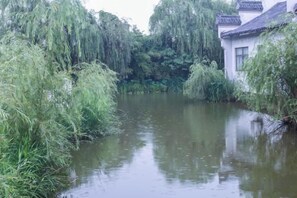 Une rivière paisible, bordée d’une végétation luxuriante et ponctuée d’édifices à l’architecture traditionnelle sur la rive droite.