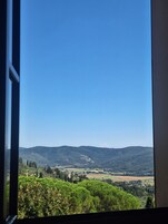 Vista a través de una ventana de un paisaje con colinas, árboles y cielo despejado.