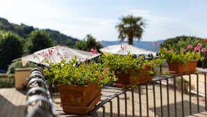 Un balcon agrémenté de plantes en pot et offrant une vue sur la mer.
