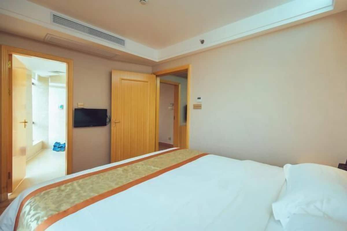Habitación de hotel con cama, televisión y puertas de madera.