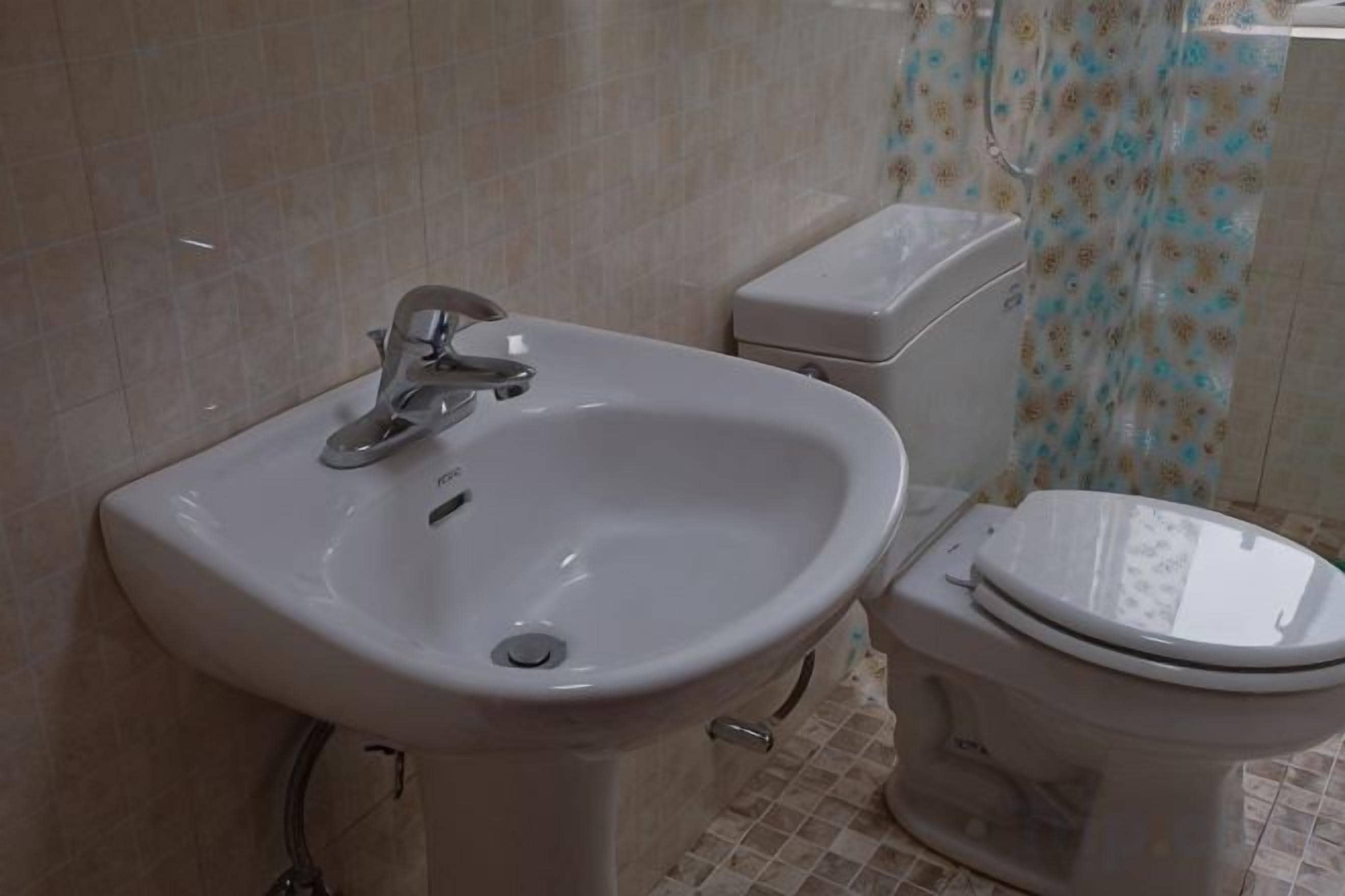 Une salle de bain avec un lavabo et des toilettes.